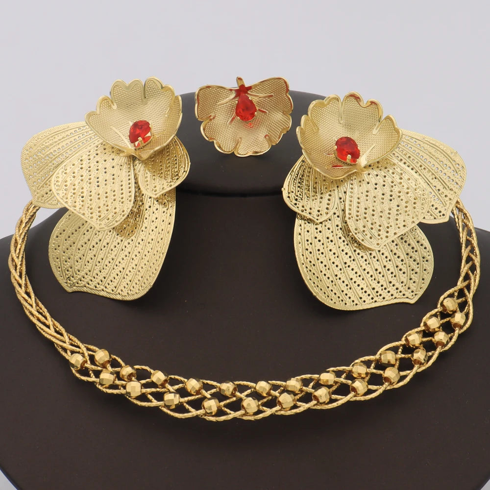 African Luxury Elegant Hollow Flower Shaped Necklace Ring Earrings Set For Party and Wedding Jewelry Set Gift For Women