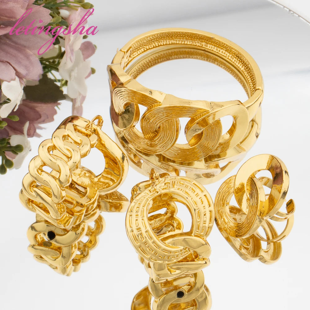 Trendy Hollow Hoop Earrings Large Style Jewelry For Ladies Fashion Copper Cuff Bangle with Ring For Women Daily Wear Party Gift