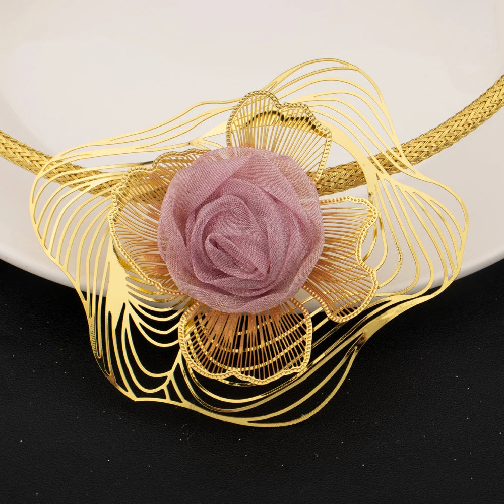 Shining Gold Plated Pink Big Flower Shape Necklace Bangle Earrings Ring Women Jewelry Set for Party Wedding Gifts