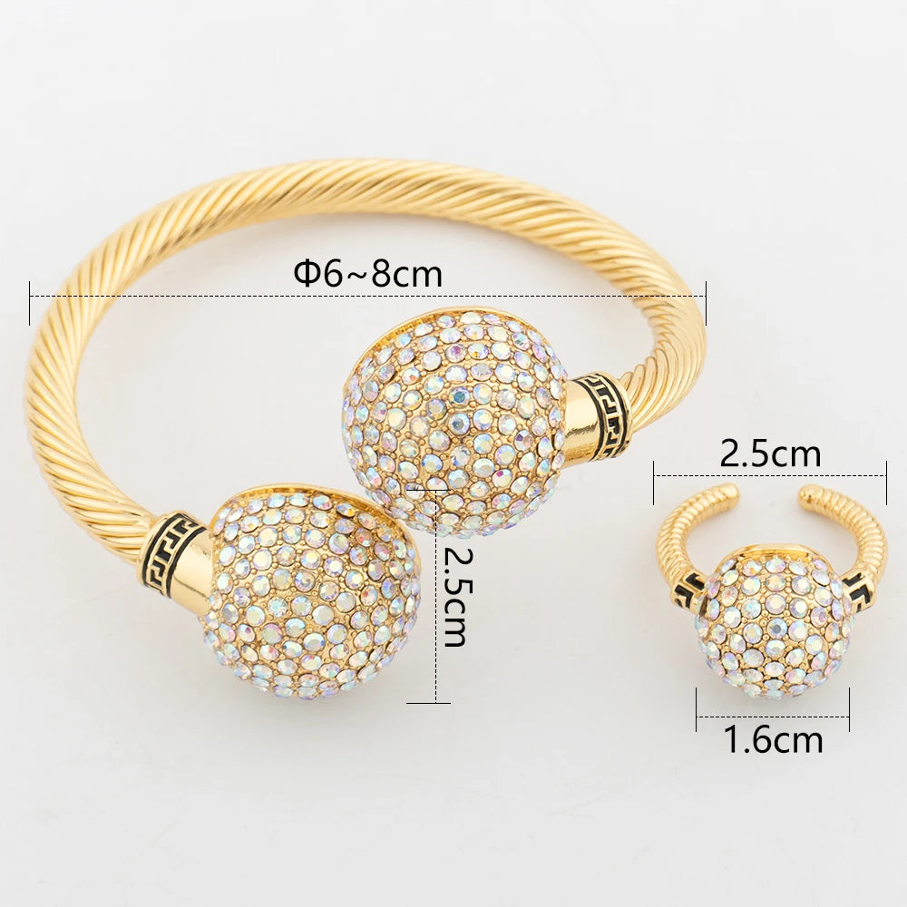 YM Gold Plated Cuff Bangles with Ring For Women Charm Bracelet Colored Zircon Jewelry Set Dubai Wedding Banquet Anniversary Gift