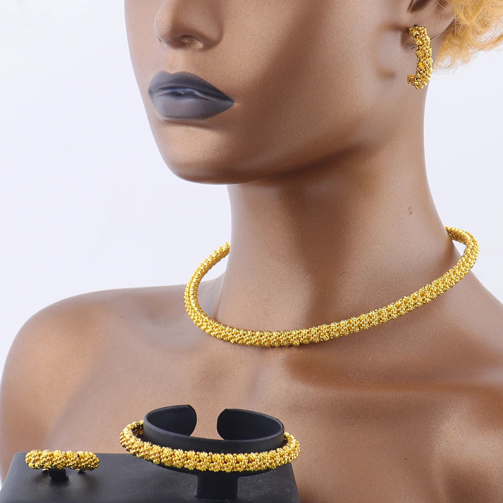 Gold Plated Weaving Tassel Pendant Necklace Earrings Bracelet Ring Jewelry Set for Women Fashion Jewelry Gift for Party Wedding