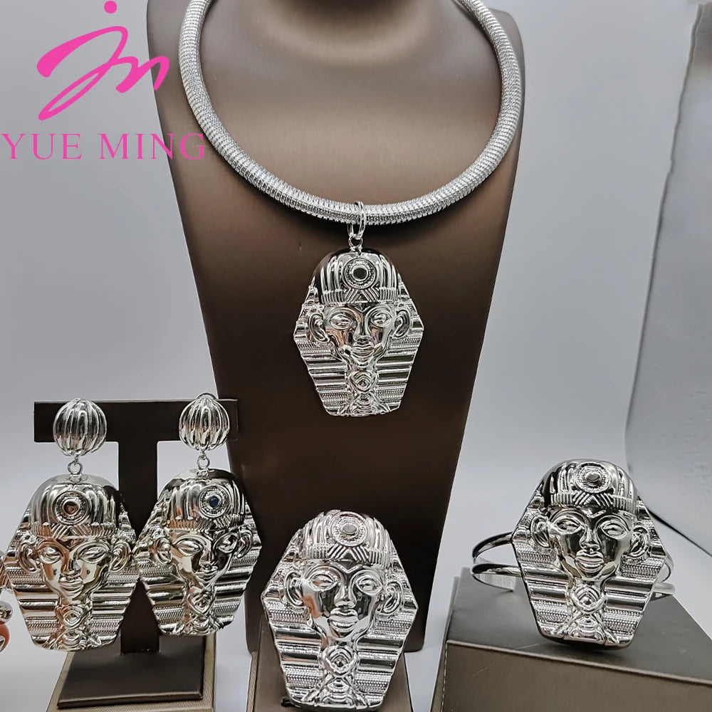 Charms Gold Plated Jewelry Sets for Women Egyptian Head Bracelet Ring Necklace Earrings 4pcs Wedding Engagement Party Jewelry
