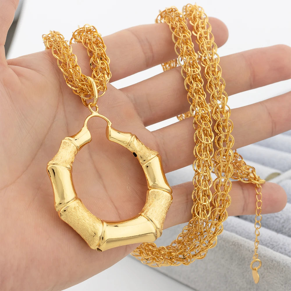 Fashion Gold Plated Jewelry Sets Bridal 80CM Necklace Bamboo Pendant Hoop Earrings for Women Weddings Gifts Jewellery Accessory