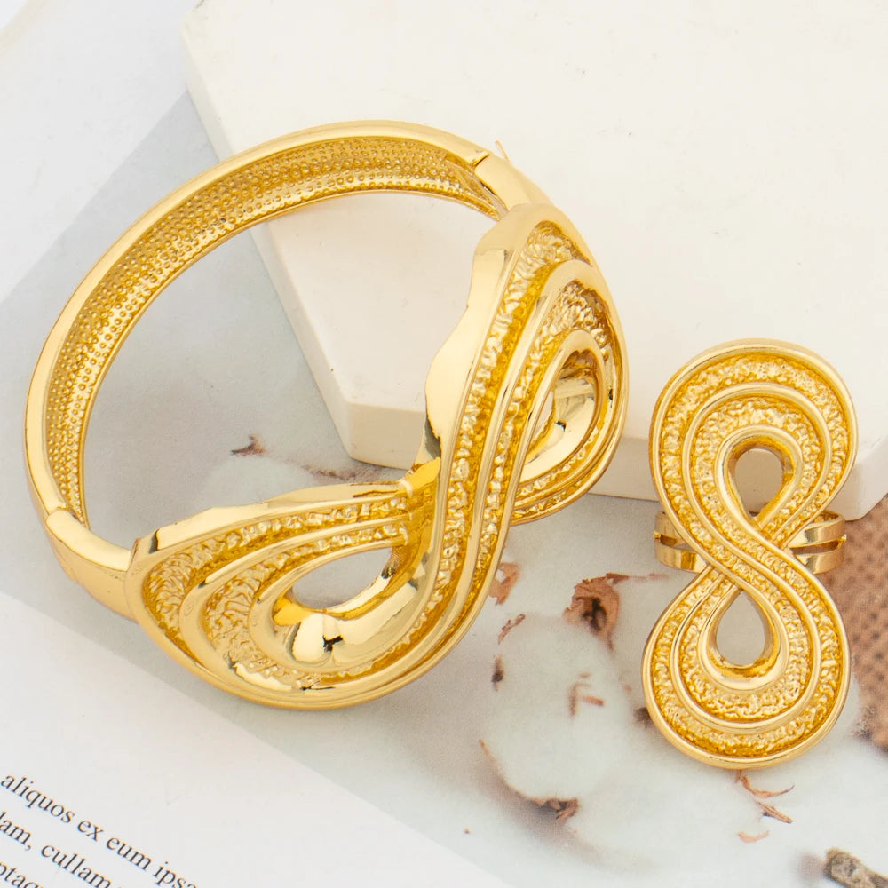 Cuff Bangle and Ring Jewelry Set for Dubai African 18k Gold Color Hand Bracelet Cocktail Ring Jewelry Set for Weddings Bride