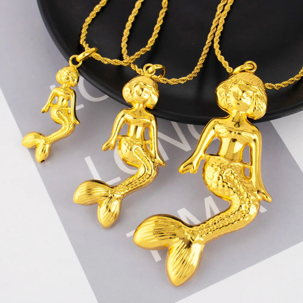 Gold Color Mermaid Pendant Expressing Love Blessing Hip Hop Women Men Popular Necklace Waterproof Jewelry Gift Accessories