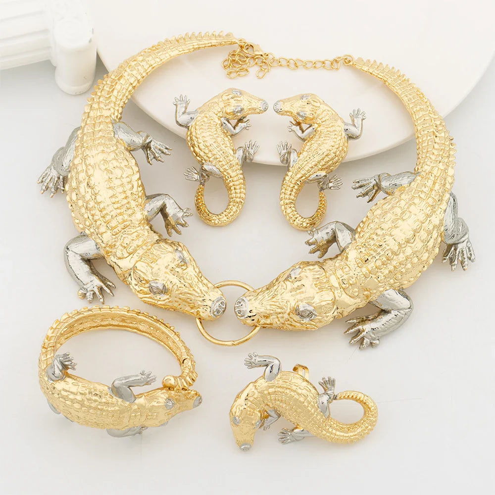 Fashion Jewelry Set Italian Gold Plated Crocodile Body Pendant Necklace Bracelet Earring Ring Woman Necklace Personality Design - YUEMING JEWELRY