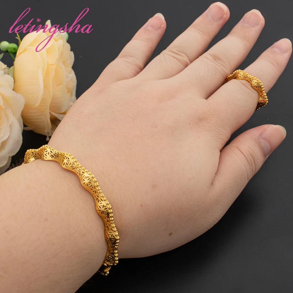 Luxury Charm Bracelet with Ring for Women Gold Color Stainless Bangle Ring Dubai Arabic Cuff Bracelet Wedding Bride Jewelry