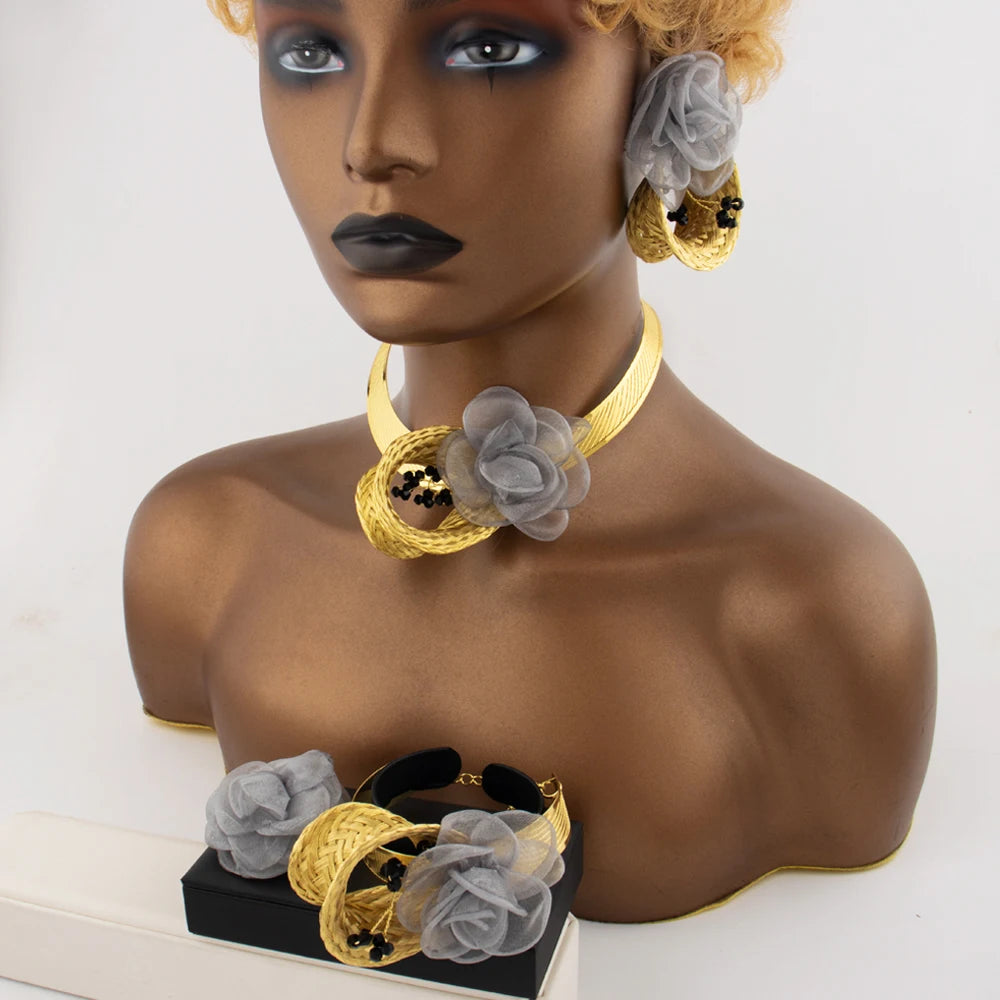 Fashion Gold Plated Grey Flower Shape Necklace Earrings Bracelet Ring for Women Sepical Design Jewelry Set for  Party Wedding