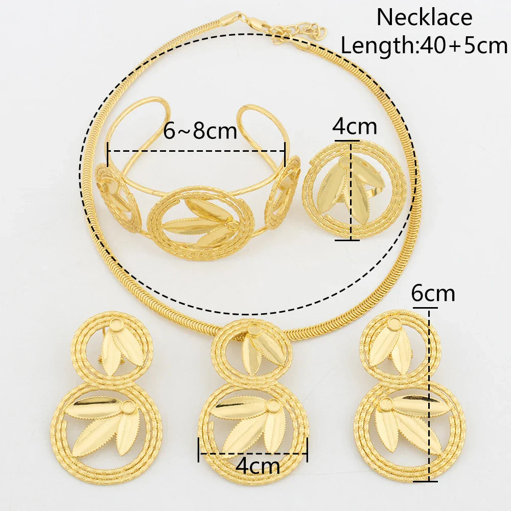 YM Gold Color Jewelry Set For Women Dubai African Wedding Bridal Necklace Copper Earrings Adjustable Ring Ethiopia Flower Bangle - YUEMING JEWELRY