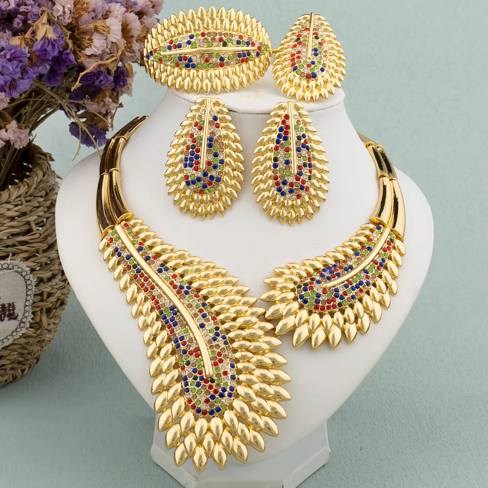 Trendy Colorful Jewelry Set for Women Zircon Collor Earrings and Necklace Large Gold Plated Bracelet Ring New Style Jewelry Gift