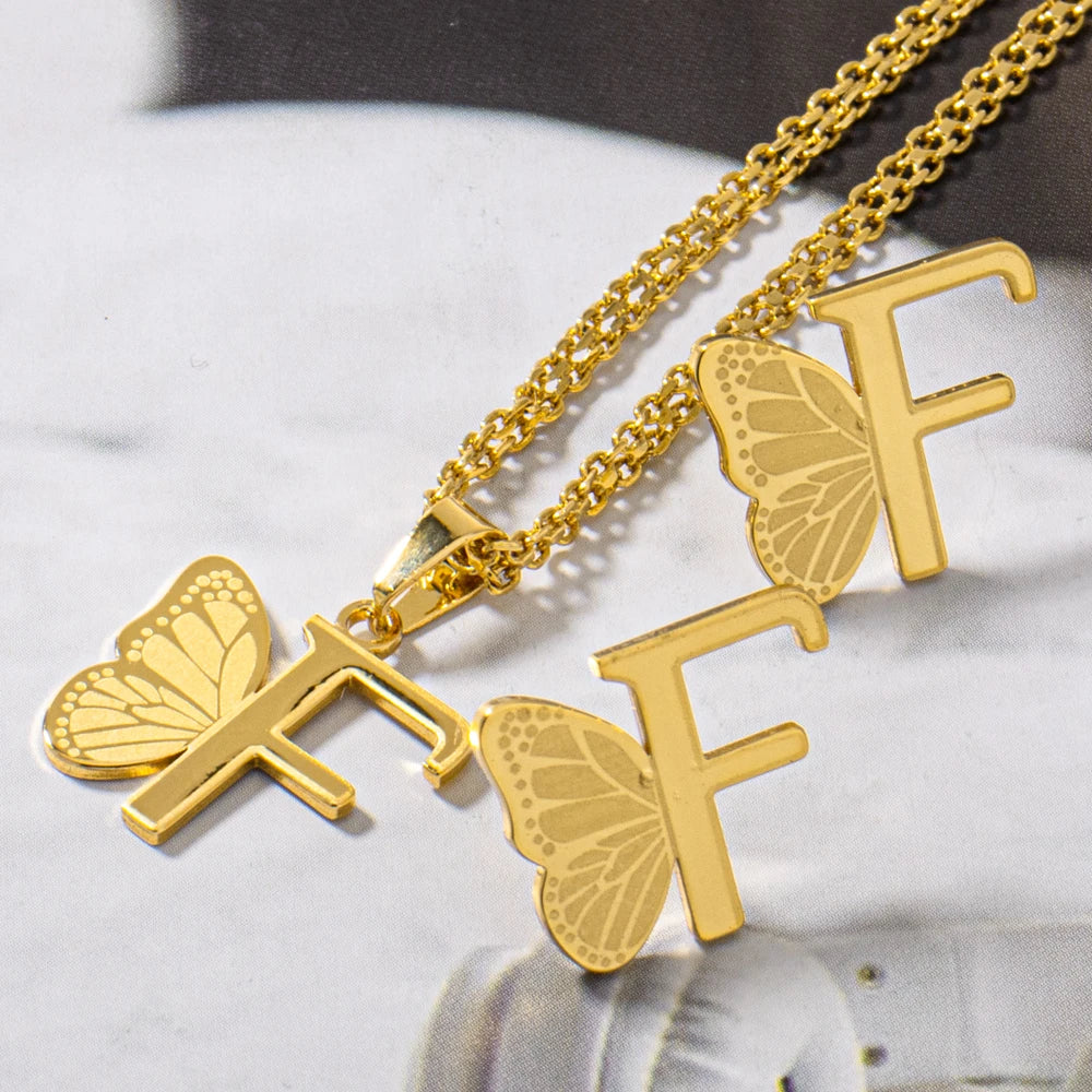 Gold Color Letters Butterfly Wings Pendant Necklace Earring Jewelry 2Pcs Set Gifts For Women Couple Initial Name Jewelry