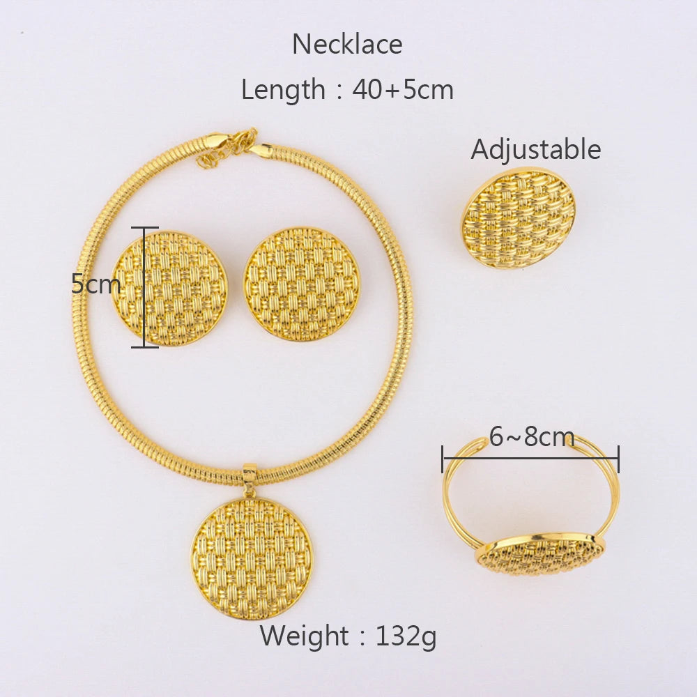 Vintage Dubai Circle Shape Jewelry Sets For Women Design sense Copper Earrings Bangle Necklace and Ring Gift For Party Wedding