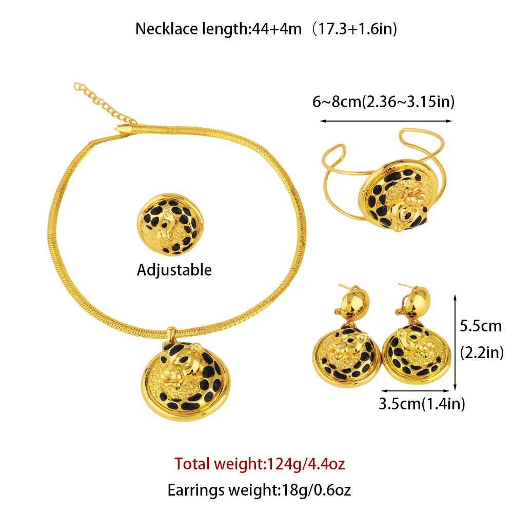 Dubai Luxury Gold Plated Leopard Shape Necklace Earrings Bracelet Ring Set for Women Men Gold Color Mighty Design Jewelry Gift
