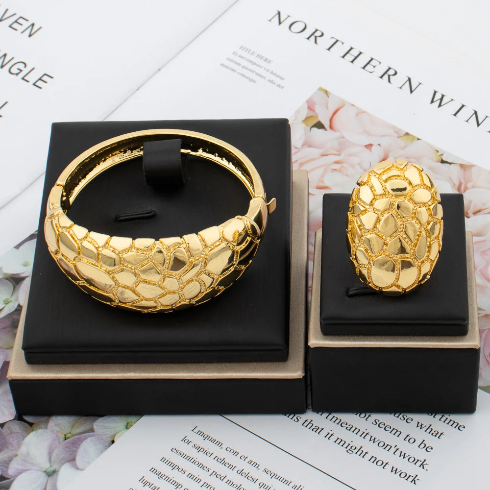 Dubai 18K Gold Color Bangle Ring for Luxury Women Fashion African Bracelet for Wedding Party Gift Jewelry