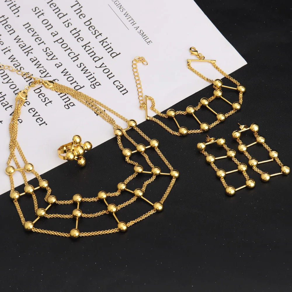 Fashion Trend Woman Jewelry Set Africa Gold Plated Grid Shape Necklace Special Bracelet Earring Ring For Nigeria Party tiki