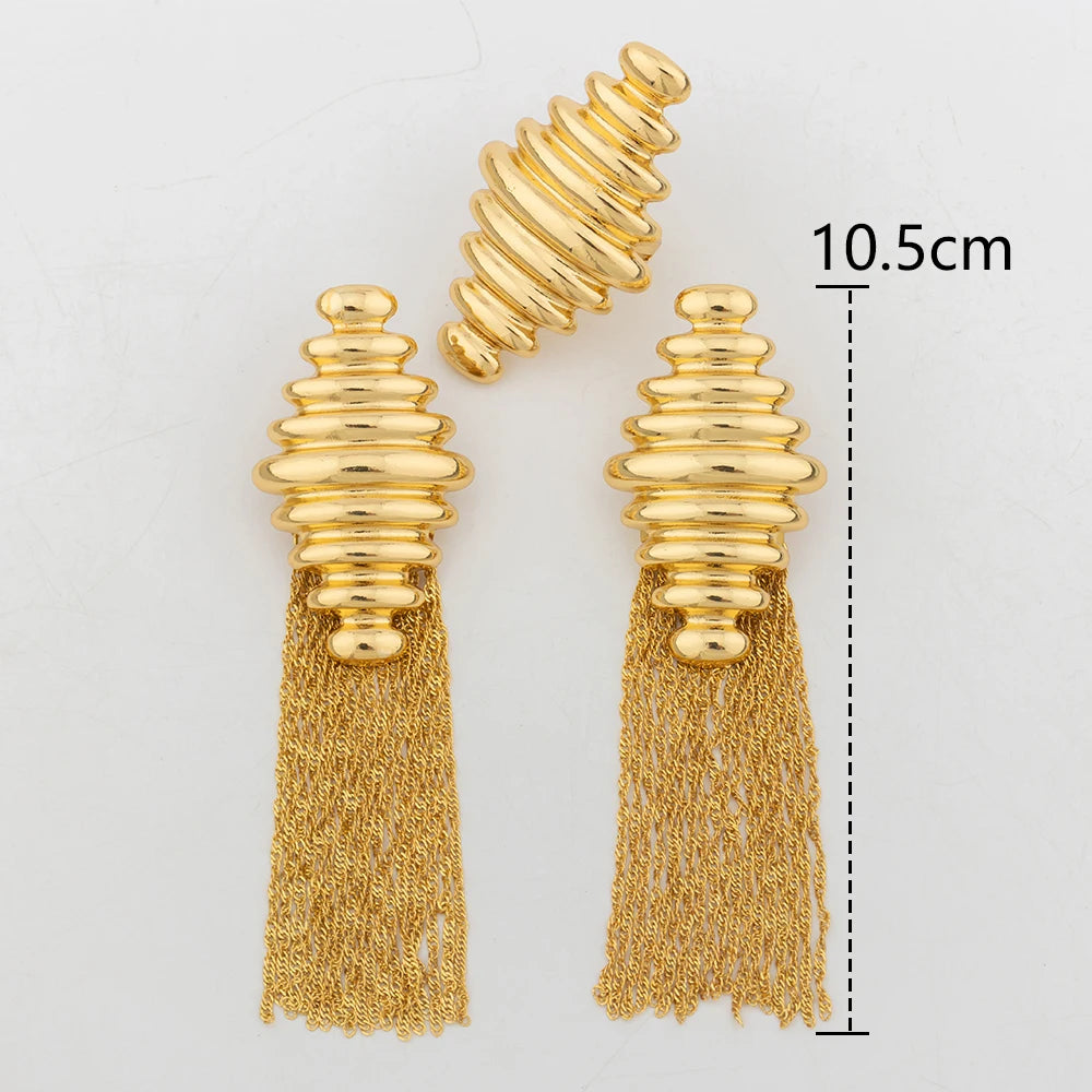 African Gold Color Bow Tie Earrings and Rings Set Fashion Tassel Earrings Bohemia Ethnic Jewelry Set Bride Jewelry Set Wedding