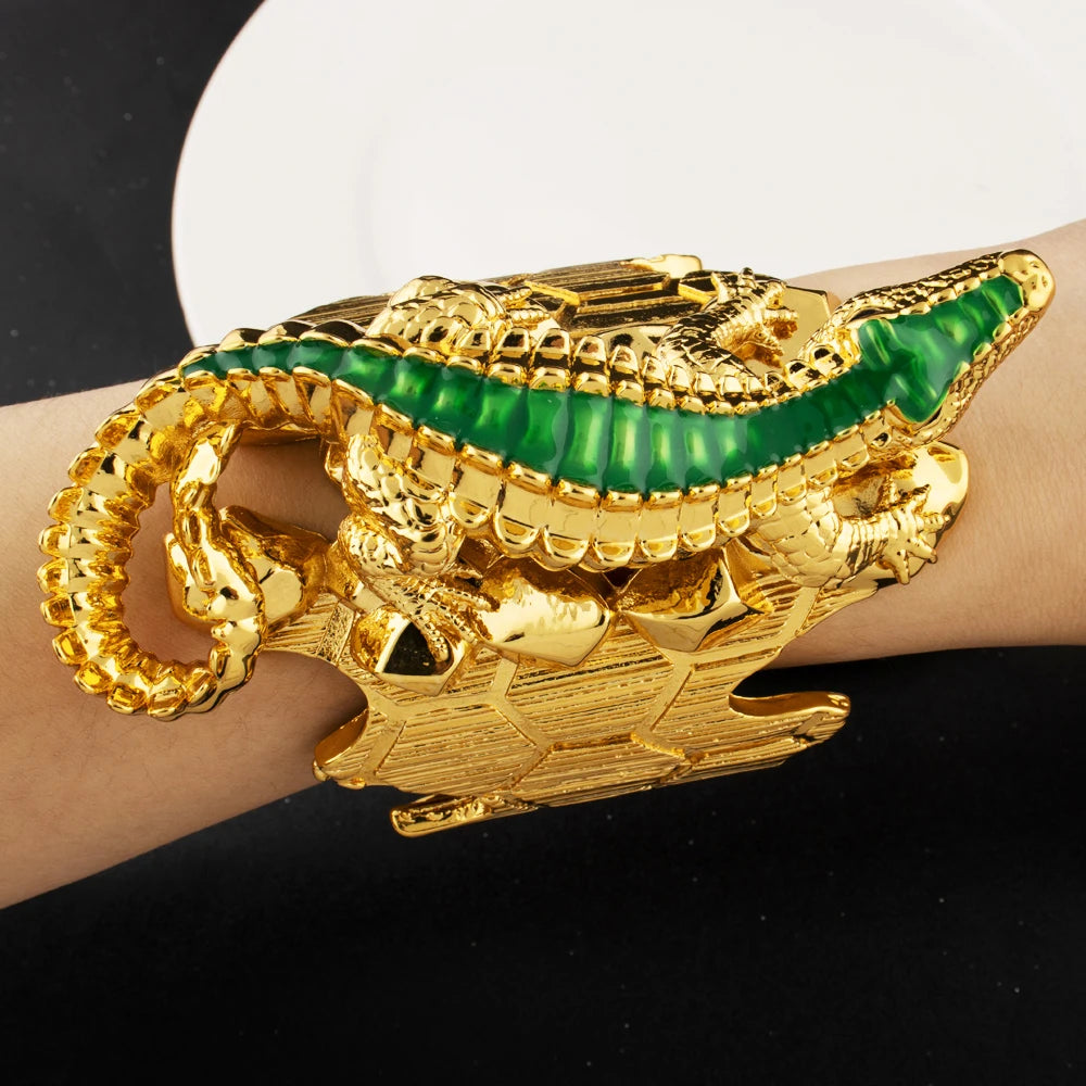 Dubai Gold Plated Invincible Crocodile Bracelet Charm Ring Set for Women African Noble Design Jewelry Gift for Party