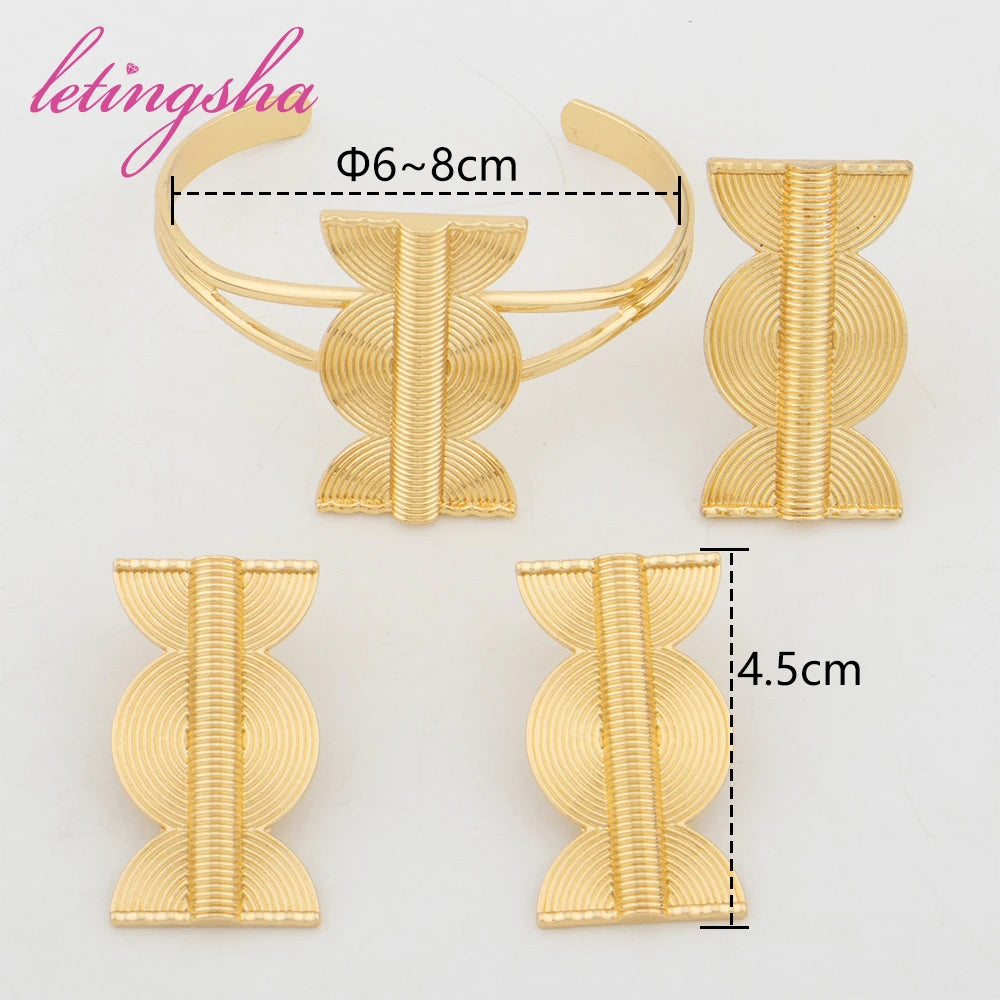 18K Gold Color Jewelry Dubai Luxury Earrings Ring Bangle Sets African Fashion Jewellery Set for Women Italian Wedding Party Gift