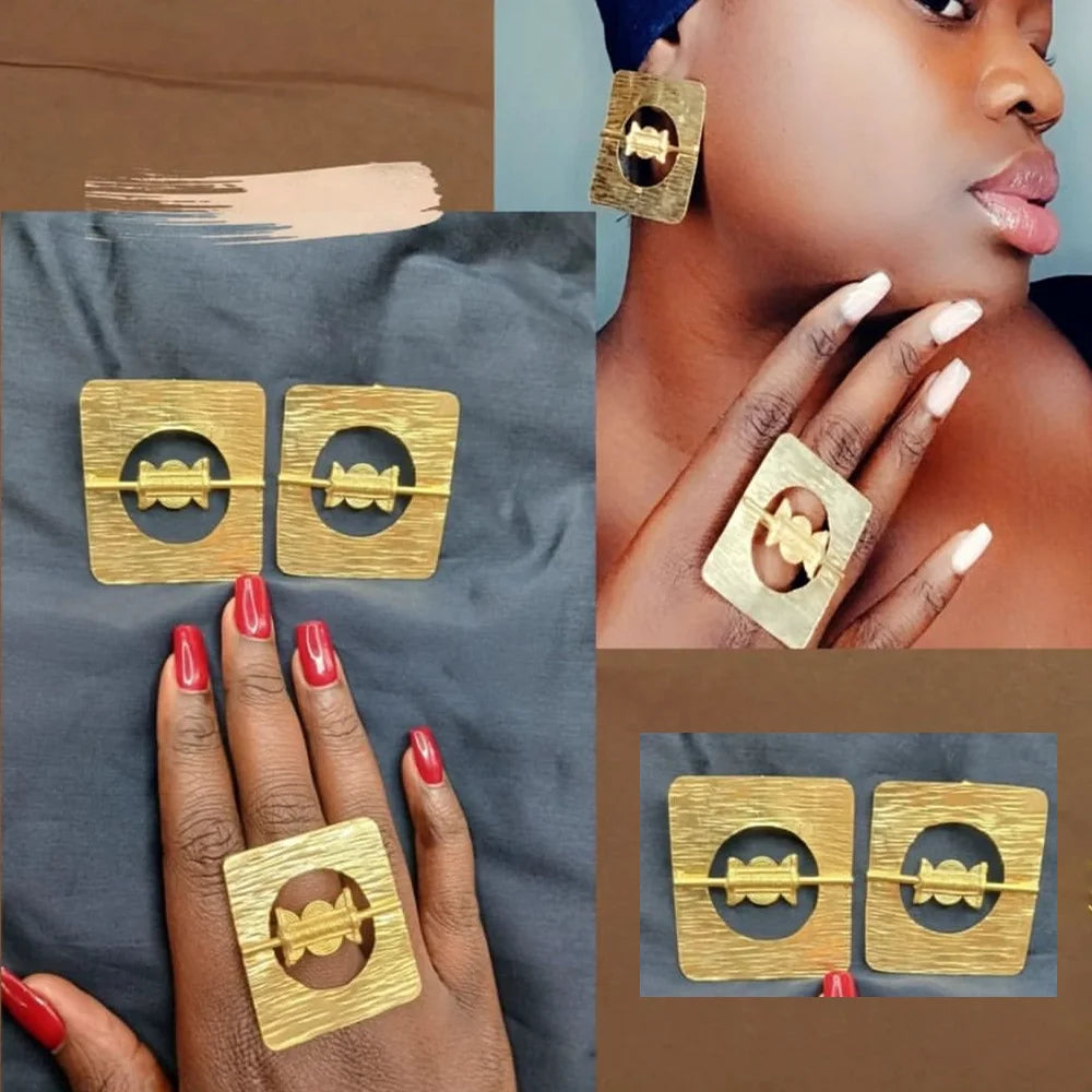 Copper Ring Jewelry Gold Plated Clips Earrings Geometric Ear Set for Women Party Wedding Gifts Colored Earrings Ring Jewelry