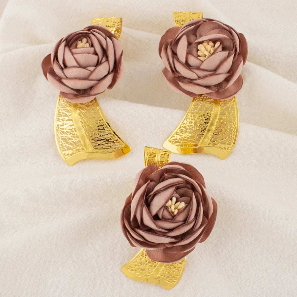 2025 New High Quality Big Pink Flower Earrings Women Jewelry Set Dubai Gold Plated Luxury Ring  For Party Wedding Daily Dating