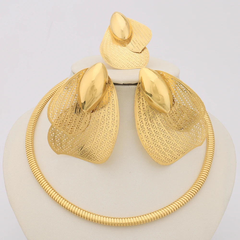 African Gold Color Jewellery Set For Women Luxury Earrings Ring Necklace Gift for Valentine's Day Wedding Party Anniversary