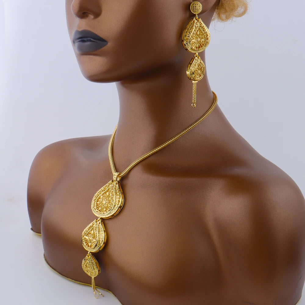 Luxury Indian Jewellery Earrings Necklace Jewelry Set for Women Dubai Gold Color African Earring Jewelry Gift for Party Wedding