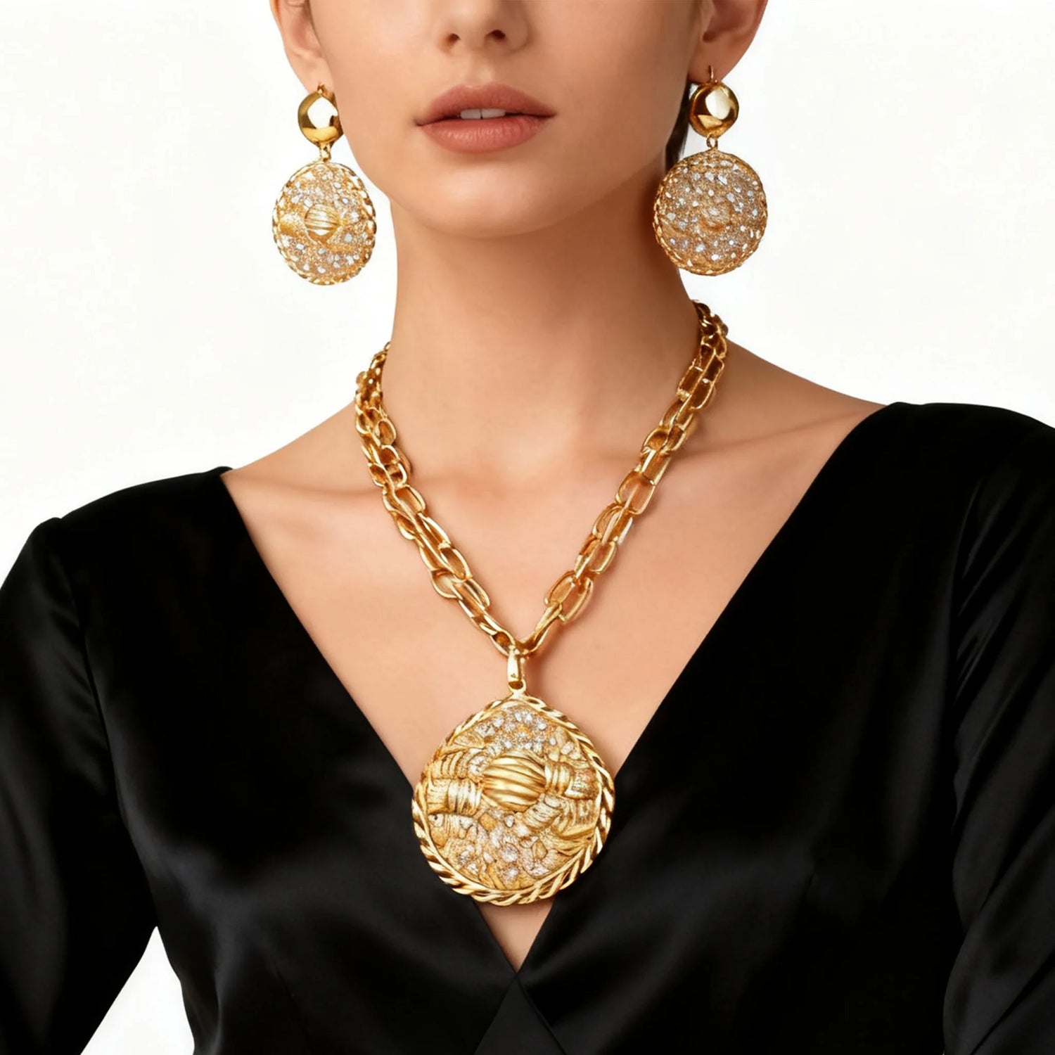 Nigerian jewelry set for women big pendant necklace fashion bride African gold necklace earrings ring bracelet party jewelry