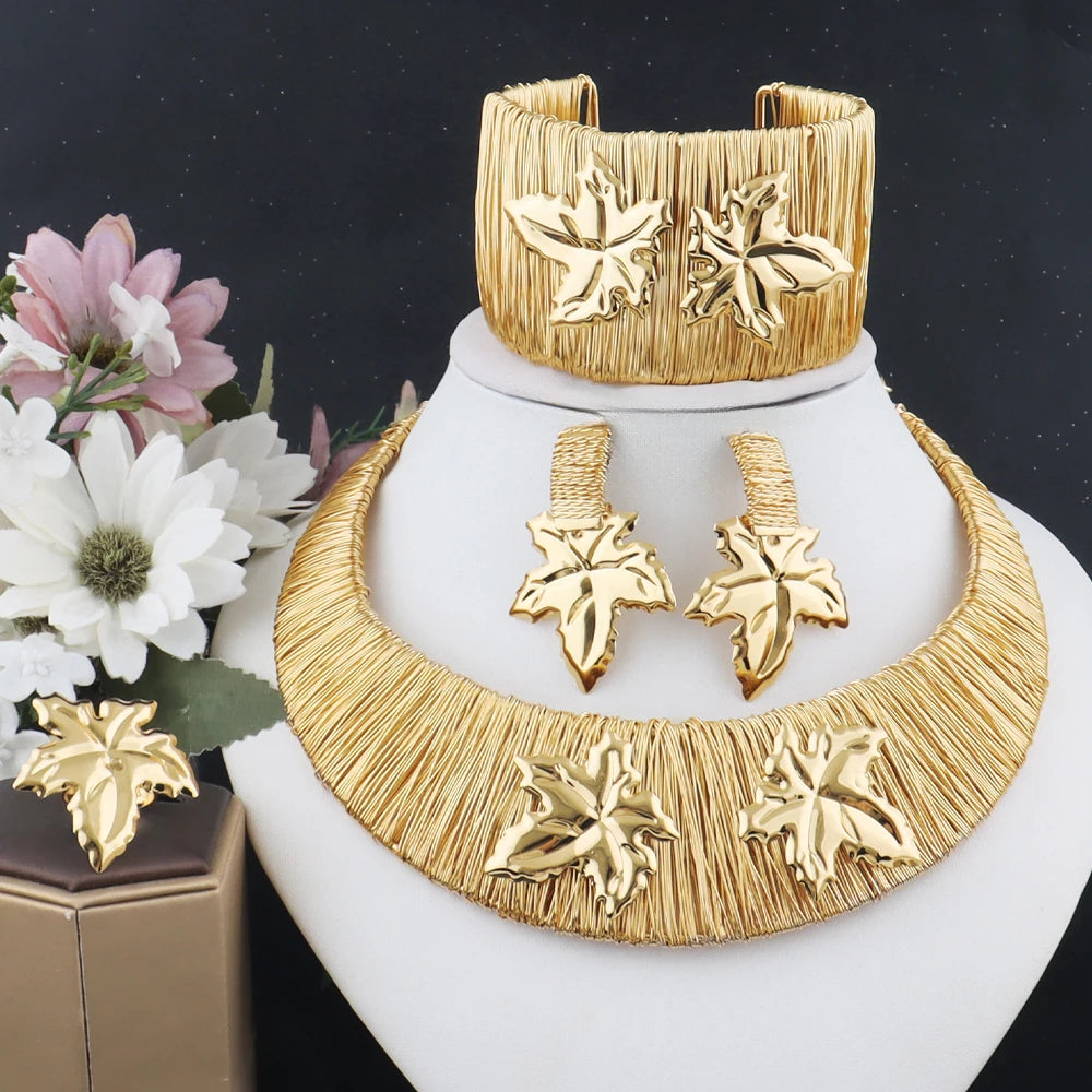 Canada Gold Plated Maple Leaf Shape Pendant Necklace Earrings Bracelet Ring Set for Women Jewelry Gift for Party Wedding Banquet