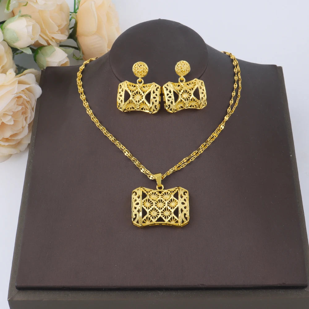 Elegant Exquisite Gold Plated Necklace Earrings 3Pcs Jewelry Set for Women Dubai Fashion Square Design Jewelry for Party Wedding