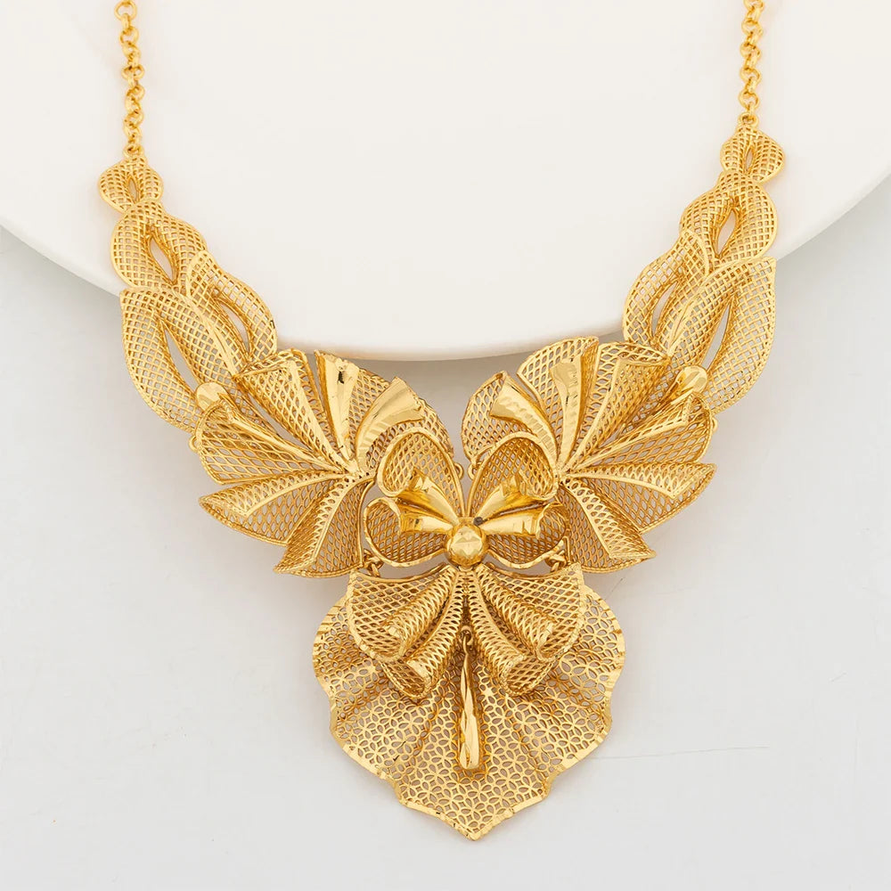 YM Necklace For Women Dubai Gold Plated Jewelry Set Original Flower Shape Earrings Rings Bracelets Wedding Gifts Nigeria Bangles - YUEMING JEWELRY