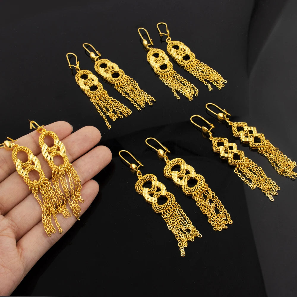 Luxurious 18k Gold Long Chain Necklace Earrings Set Women Dubai Tassel Noble Nigerian Jewelry Wedding Party Favors