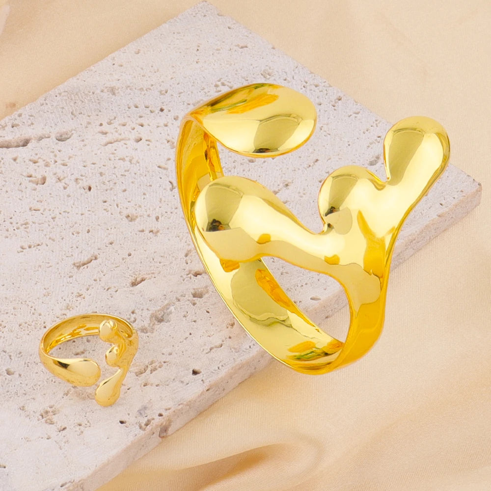 Saudi Arabia African 18K Gold Irregular Fashion Jewelry Set Women Bracelet Ring Dubai Bride Nigeria Wedding Party Accessories