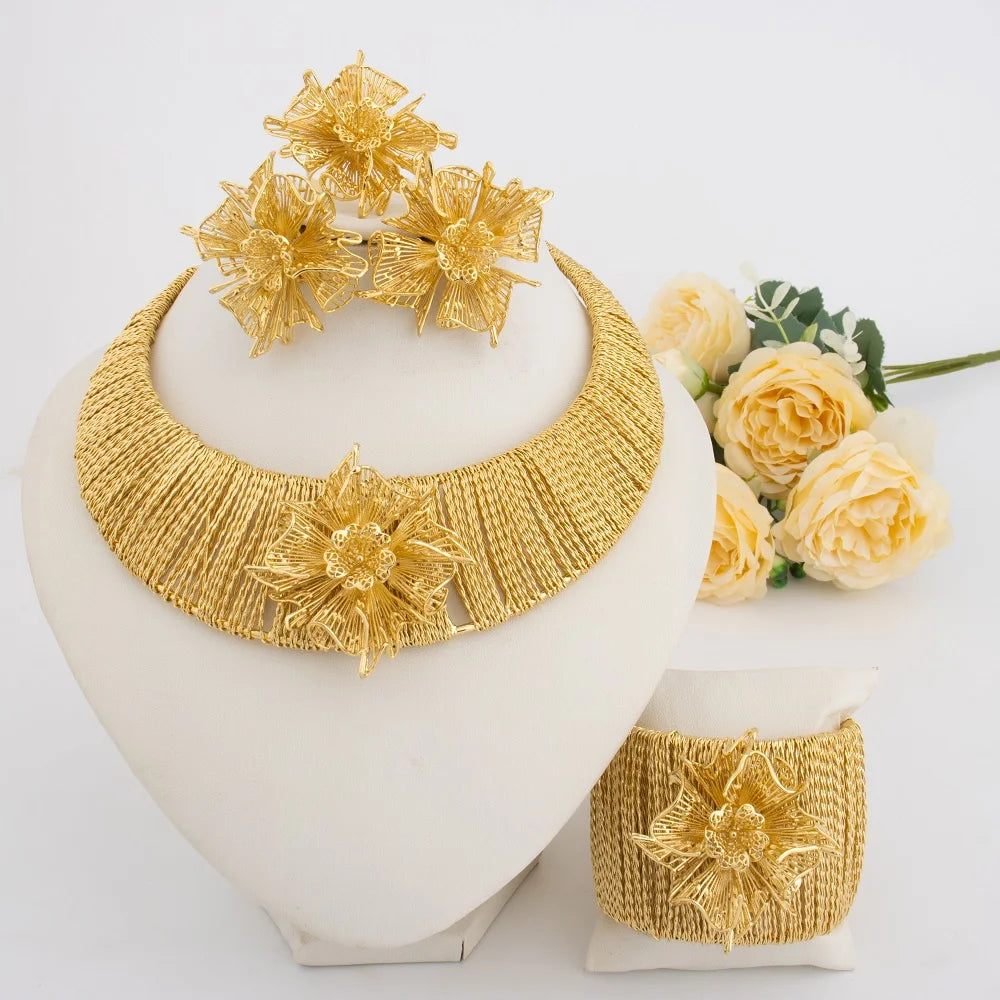 2025 Gold Color Luxury Women Jewelry Set With Necklace Bangle Ring Earrings Fashion Design Jewelry Gift For Party Wedding