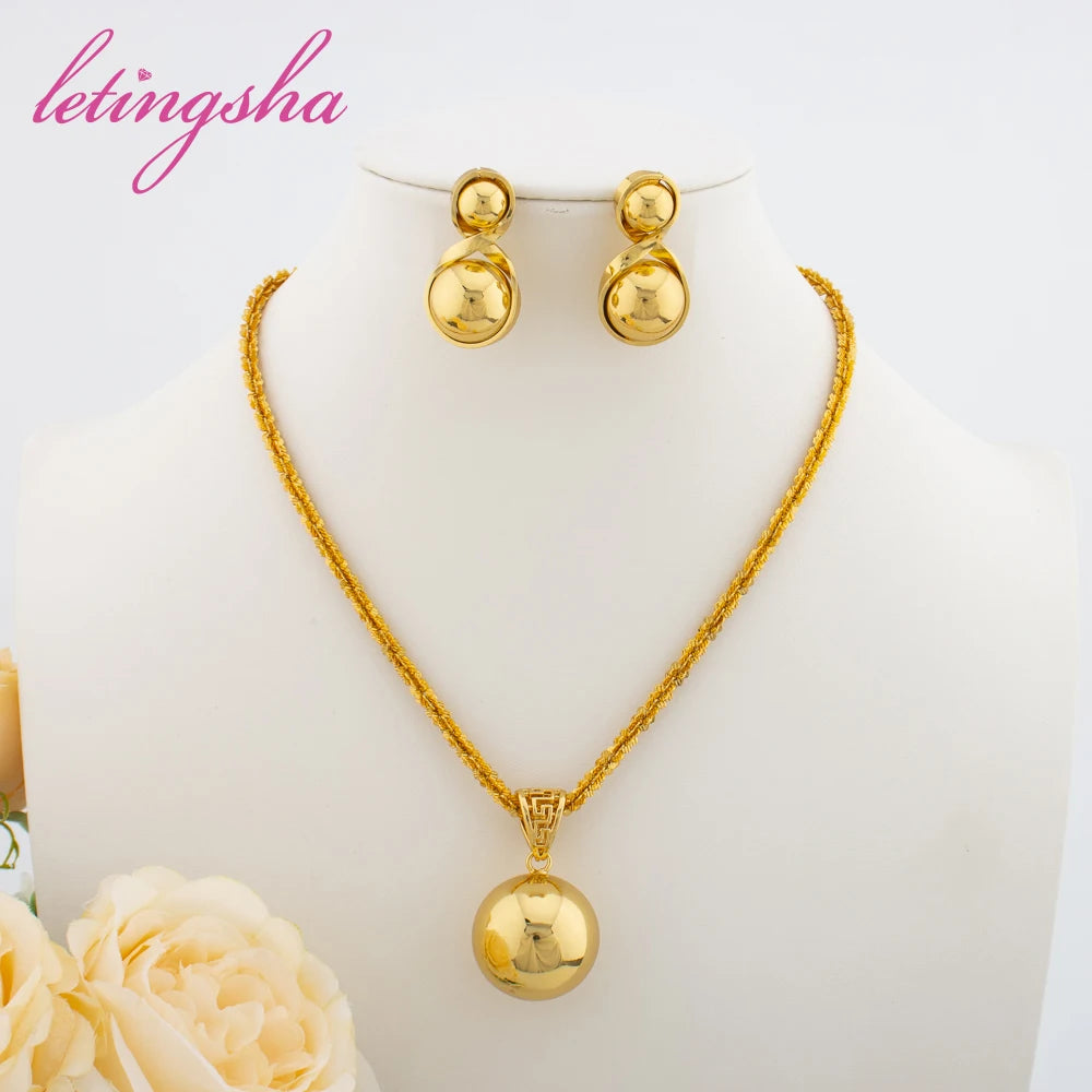 Exquisite Round Bead Stud Earrings Pendant Geometry Necklace For Women Luxury Jewelry Fashion Party Jewelry Set Accessories