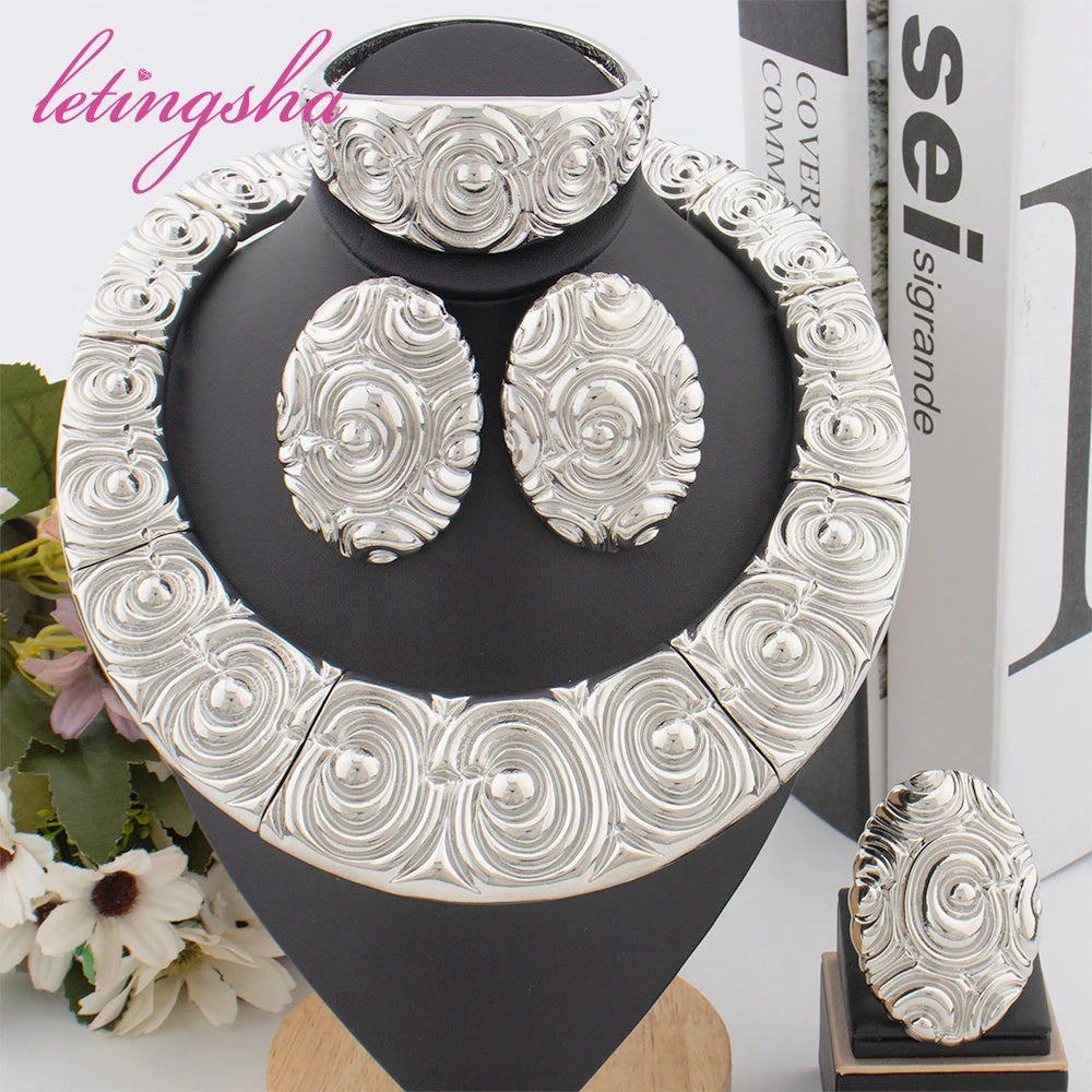 African Fashion Beads Round Jewelry Set for Women Luxury Gold Color Tassel Earrring Pendant Bangle Ring Set Wedding Party Gift