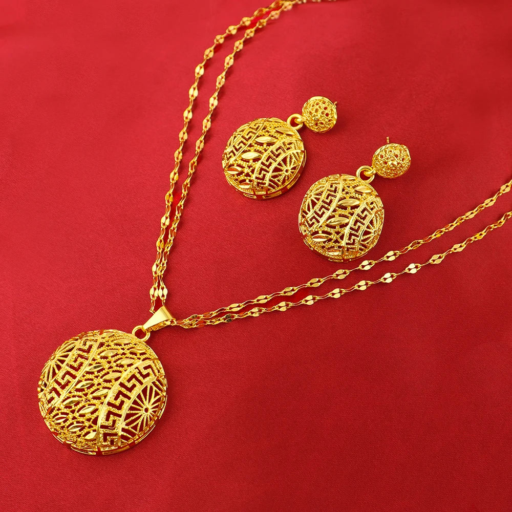 Dubai Gold Plated Luxury Hollow Round Shape Necklace Earrings Set for Women Fashion Jewelry Gift for Party Wedding Bride