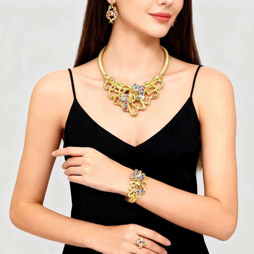 Colorful Zircon Jewelry Sets Exquisite Round Necklace Fashion Women Earrings Artificial Stone Cuff Bangles Ring Jewellery Gifts