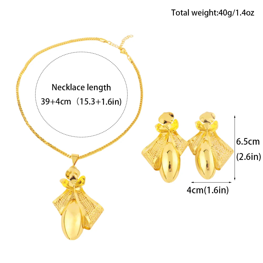Luxury Bow Tie Pendant Necklaces for Women Dubai Gold Color Flora Necklace Waterproof Wedding Couple Aesthetic Jewelry Set
