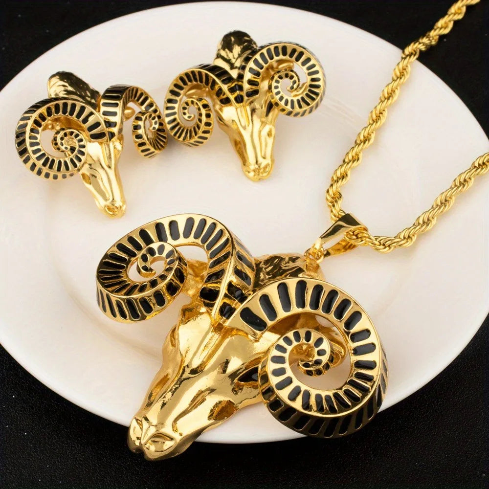 Women Men Luxury Copper Earrings Necklace Set Personality Trendy Handmade Bull Head Shape Jewelry Accessory Apply to Party Ball