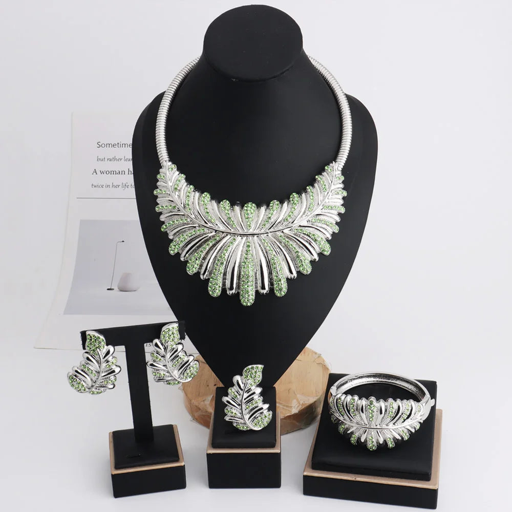 New Fashion Luxury Africa Dubai Necklace Earrings Ring Bangle For Women Zircon Jewelry Sets For Bridal Party Wedding Full