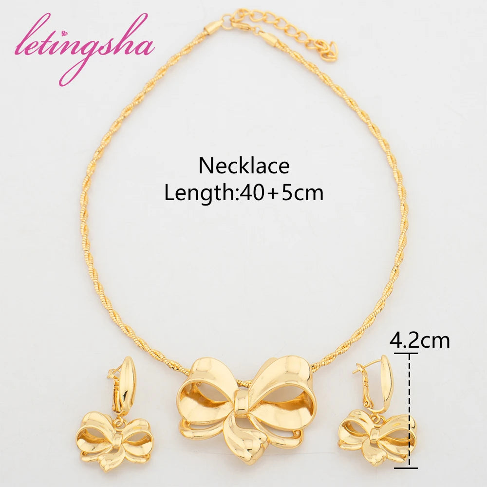 Luxury Elegant Bowknot Design Jewelry Set Women African Dubai Gold Color Fashion Necklace Earrings Set for Graceful Ladies Gift