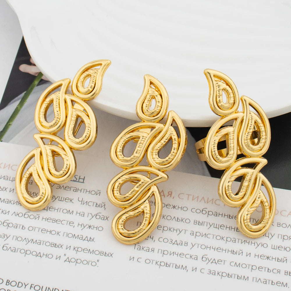 New Earrings Ring Set Luxury Gold Color Jewelry for Ladies African Dubai Fashion Design Jewelry Wedding Party Gifts Accessories