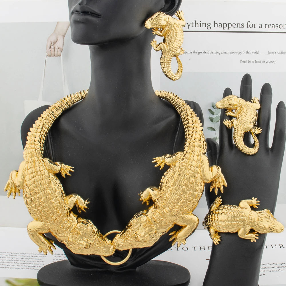 African Large Crocodile Jewelry Set for Women Lady Big Necklace Arab Gold Color Earrings Bracelet Bride Wife Anniversary Gift