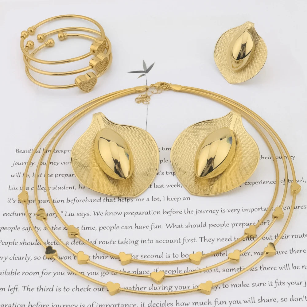 Dubai Women Gold Color Big Leaves Shape Jewelry Sets Luxurious Earrings Bangle Necklace and Ring Accessories Gift For Party