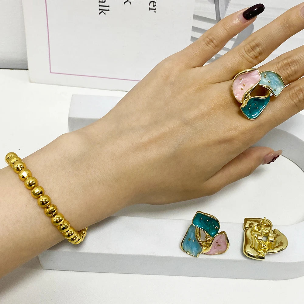 Dopamine Color Jewelry Set For WomenTrendy Earrings Ring Gold Color Bangle Set Advanced Jewelry For Party Wedding Anniversary