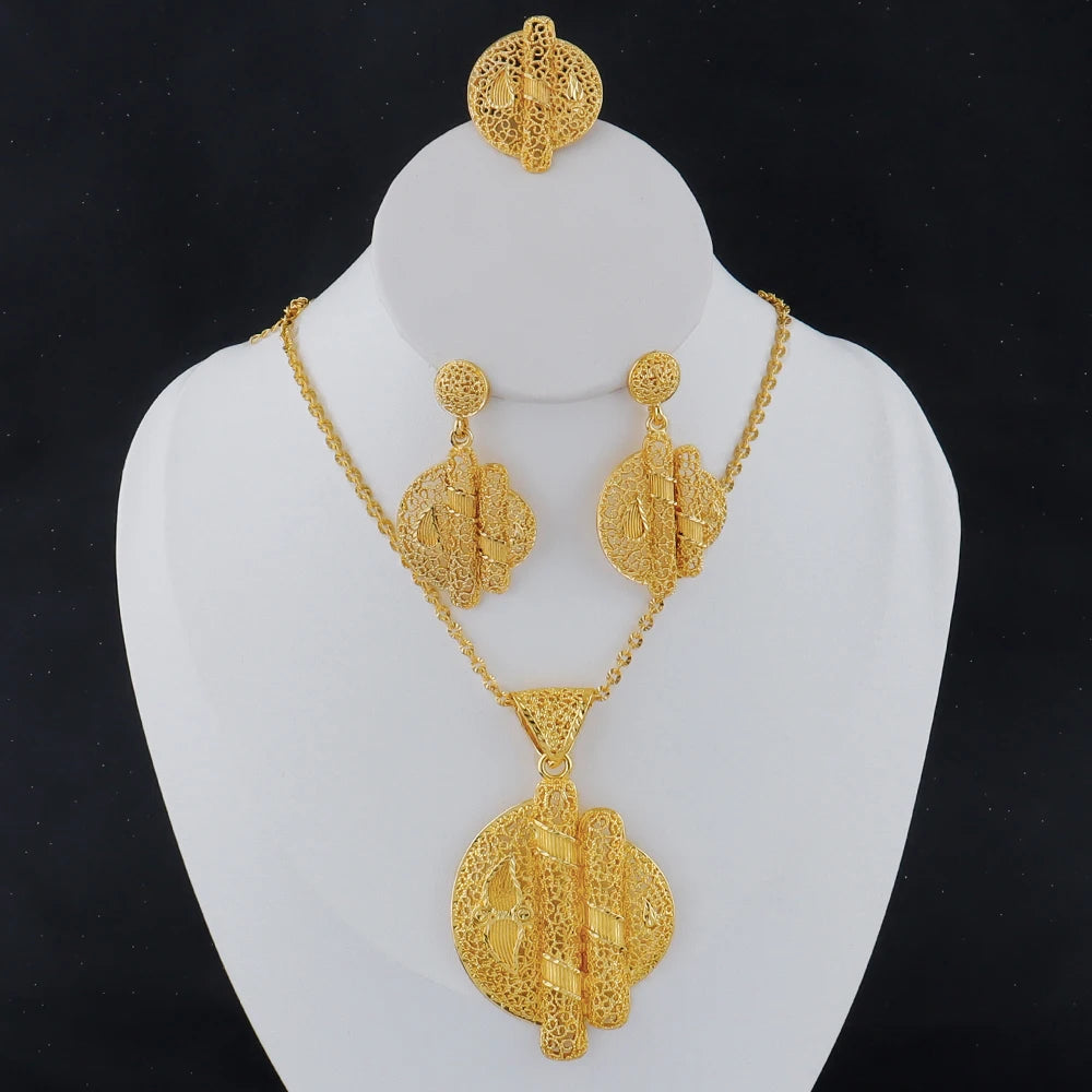 Fashion Dubai 24k gold Noble Pendant Necklace Women Wedding Pendant Chain Earrings 2 Piece Set Jewelry Party Christmas Gift