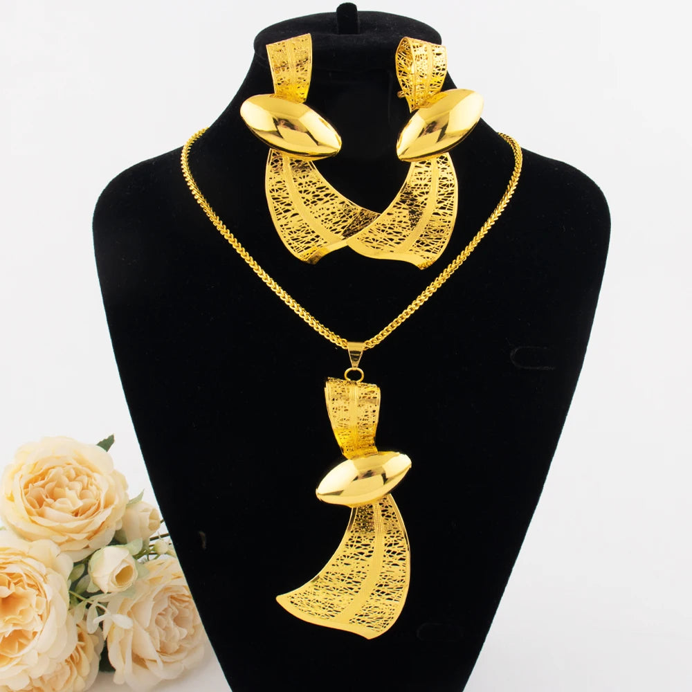 Luxury Ribbon Necklace Earrings for Women Dubai Arab Gold Color Water droplet Shape Waterproof Jewelry Set For Party Wedding