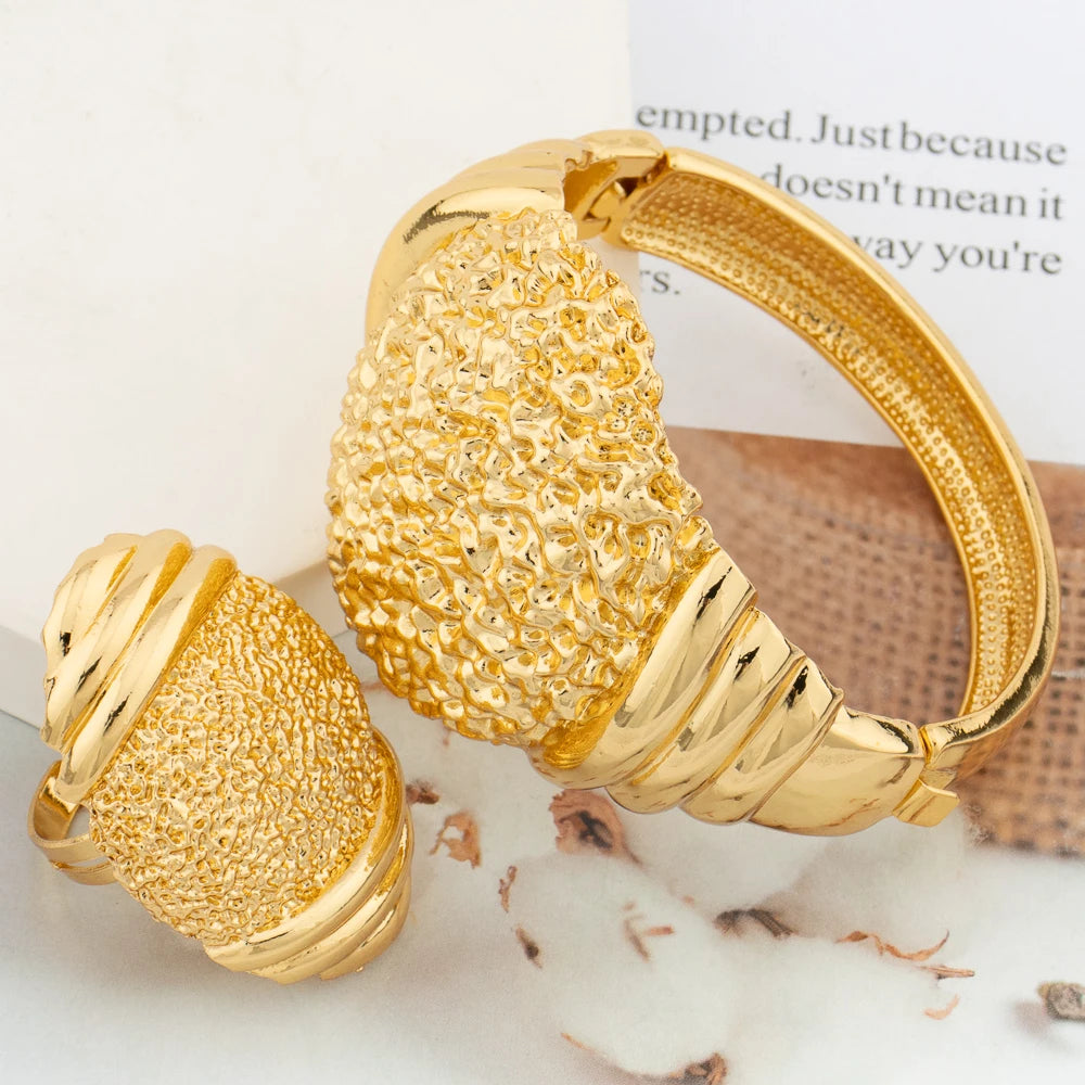 Dubai Bangle with Ring Set for Women New Design Gold Plated Hand Bracelet with Finger Ring Set Wedding Party Jewelry Engagement