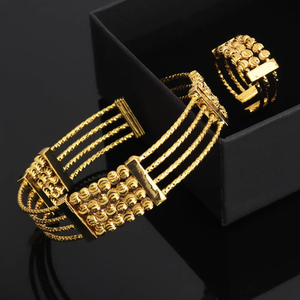 Gold Color Luxury Noble Bangle Bracelet Ring Set for Women Fashion Pretty Unique Design Jewelry Set Gift for Nigeria Party