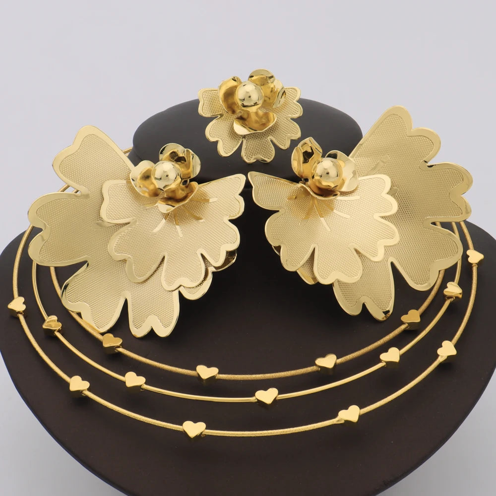 African Luxury Brilliant Flower Shaped Necklace Ring Earrings For Women 2025 New Style Fashion Design Jewelry Set For Party